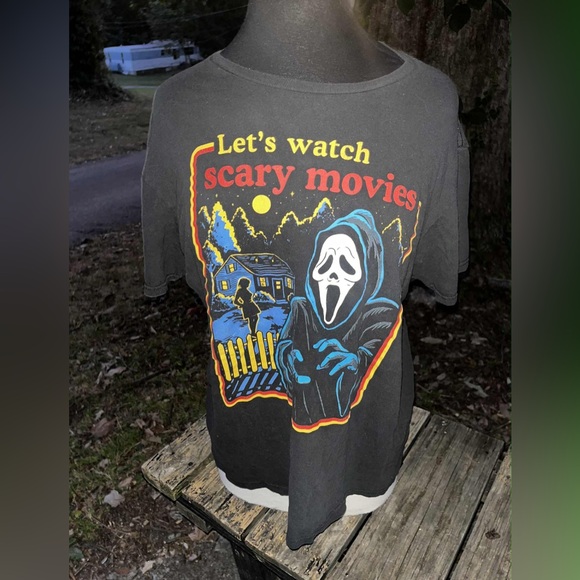 GHOST FACE LARGE BLACK TSHIRT ‘LET’S WATCH SCARY MOVIES’ - Picture 1 of 8